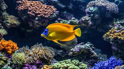 Obraz premium Yellow and Blue Angelfish Swimming Near Coral Reef