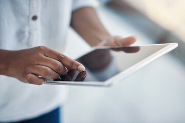 Hands, tablet and click on web in office for contact, networking or schedule at startup company. Person, digital touchscreen and scroll on application for email, review or feedback at creative agency