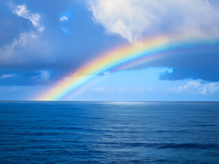 vivid rainbow reflected over calm ocean waters under a clear sky