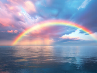 vibrant rainbow over a calm ocean with clear blue skies and soft reflections