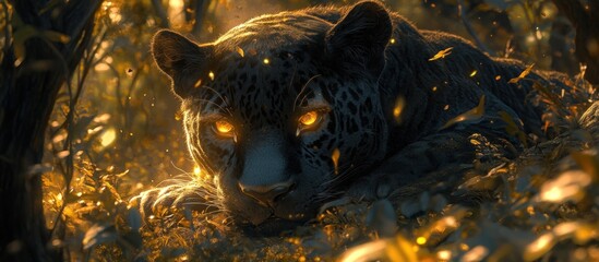 A jaguar with glowing eyes rests in the golden light of the jungle.