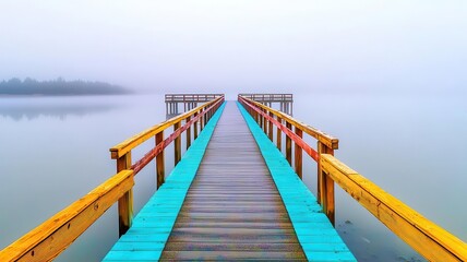 Obraz premium Fog-covered pier, soft reflections on water, watercolor style