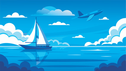 Naklejka premium A serene seascape with a sailboat and jet plane evokes tranquility and vastness.