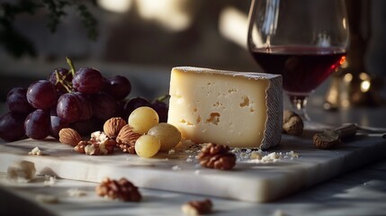 Artisanal cheese platter with ripe grapes, mixed nuts, and a glass of red wine creates an elegant appetizer spread for gourmet entertaining or cozy date night.