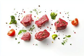 Raw beef steaks herbs and pieces of vegetables levitating in air on white background File contains clipping path