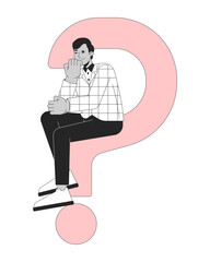 Looking for answers black and white 2D illustration concept. Business strategy. Thoughtful indian businessman sitting on question mark outline character isolated. Metaphor monochrome vector art