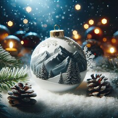 un paysage de montagnes et de sapins enneig&eacute;s dans une boule de no&euml;l pos&eacute;e dans de la neige