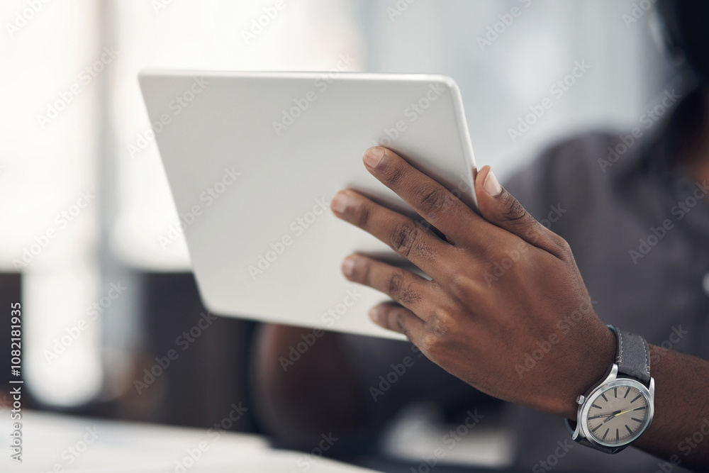 Poster office, hands and person with tablet for research, review information and business for creative agen