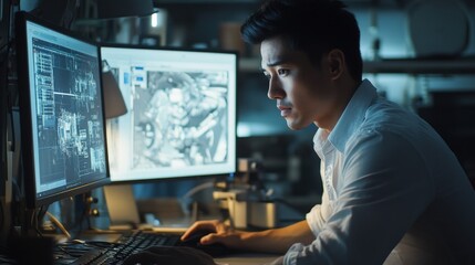 Focused Programmer Working Late Night On Computer