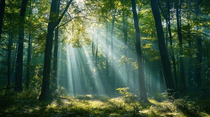 Obraz premium Sunlight Beams Through a Dense, Foggy Forest