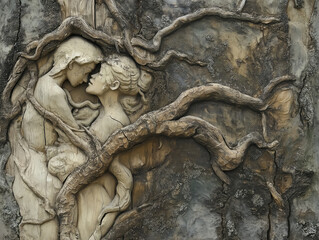 textured tree bark with intricate carvings in natural setting