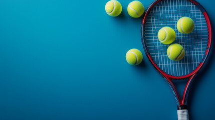 Tennis racket with balls on blue background 