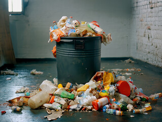 overflowing garbage bin with scattered trash on concrete