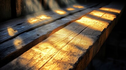 A wooden bench with sunlight shining through the slats.