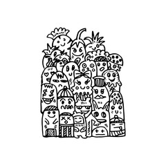 Hand-drawn cartoon doodle of a large group of cute monsters.
