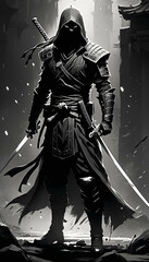 Naklejka premium A warrior man, a ninja, depicted in black and white tones, embodies a brave hero.