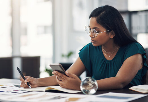 Designer, drawing and phone with woman for fashion ideas, drafting sketch and design of clothes style. Girl, mobile and notebook with creative research, inspiration and proposal layout of art process