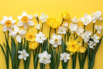 Fototapeta premium White and yellow spring flowers on yellow background.