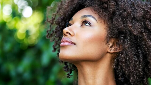 A young woman with curly hair looks up at the sky in a green, outdoor setting