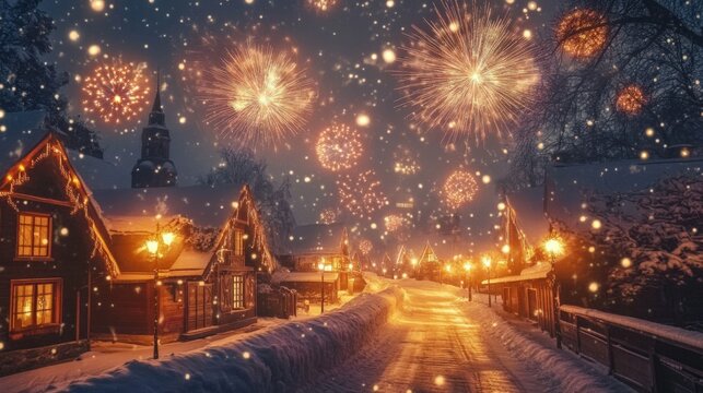 Snowy Village Night with Festive Fireworks