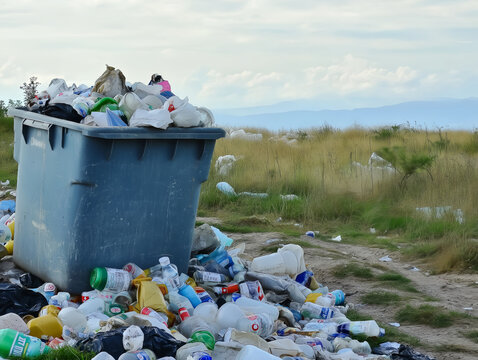 overflowing dumpster with waste materials in an outdoor area
