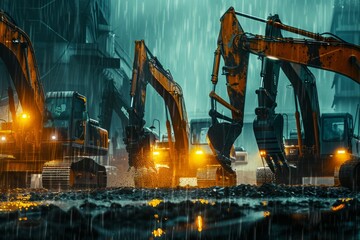 Many excavators parked outdoors in dark rainy evening. Neural network ai generated art