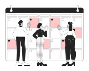 Work plan black and white 2D illustration concept. Scheduling corporate events. Multiethnic business team checking dates in calendar outline characters isolated. Metaphor monochrome vector art