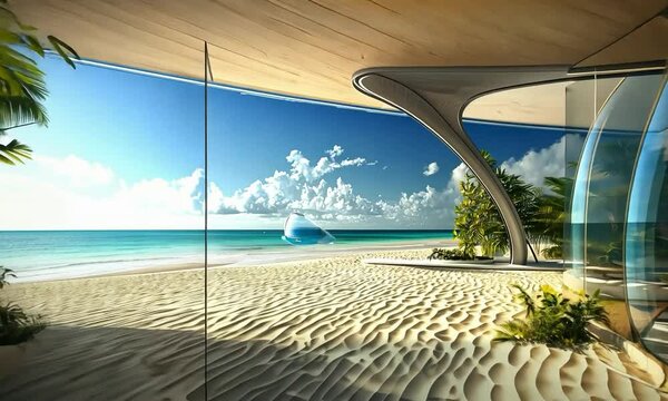 Futuristic chandelier in a sleek glass-walled living room overlooking a rugged coastal cliff with crashing waves below