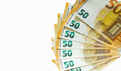 Finance money. Banknotes of the European Union on white background. Pattern part of 50 euro banknote
