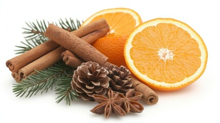 An elegant display featuring cinnamon sticks, fresh orange halves, and pine cones, creating a warm seasonal ambiance.