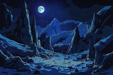 Fototapeta premium Nighttime View of a Rocky Alien Landscape with a Full Moon