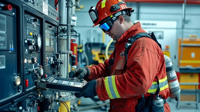 Emergency fire safety equipment undergoing routine inspection and maintenance by a certified technician.