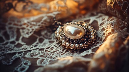 Vintage Studded Brooch on Intricate Lace Fabric