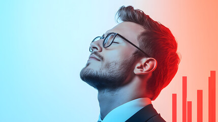 Stressed businessman with a red graph descending, reflecting recession, financial burden, workplace pressure, and the mental toll of navigating economic challenges in the corporate world.