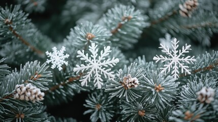 Frosted pine branches with snowflakes and holiday decorations, ample text space on one side.