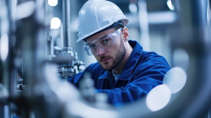 A pipe fitter engaged in assembly work on a pipe within an industrial facility