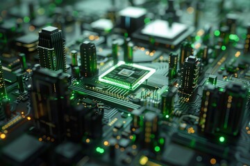 Obraz premium Close-up Macro Shot of Printed Circuit Board with Computer Motherboard Component Microchip. Neural network ai generated art