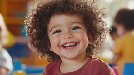 A cheerful toddler with curly hair beams in a vibrant daycare environment surrounded by other joyful children