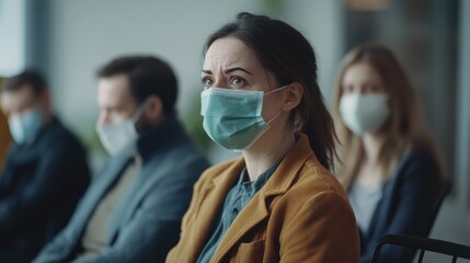 Anxious professionals wearing face masks await their job interview while practicing social distancing during the pandemic