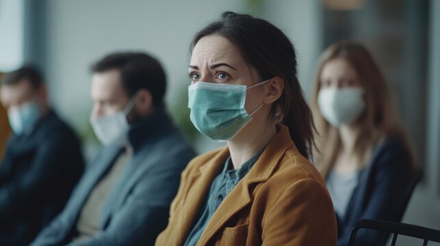 Anxious professionals wearing face masks await their job interview while practicing social distancing during the pandemic