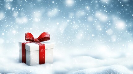 Christmas gift box with red ribbon on a snowy backdrop, ample space for text.