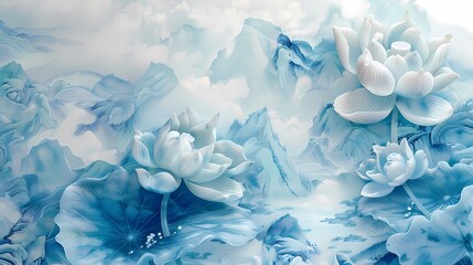 Fototapeta premium Traditional Chinese jade lotus landscape painting illustration poster background