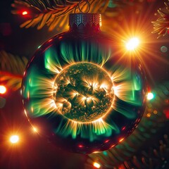 le soleil et ses aurores boréales dans une boule de noël