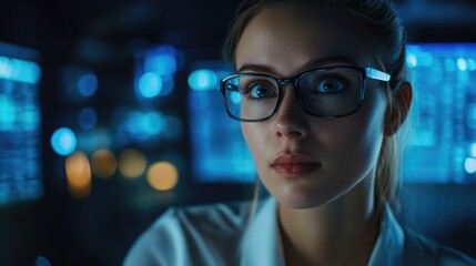 Portrait of a female IT support specialist in a dynamic tech environment delivering prompt technical assistance