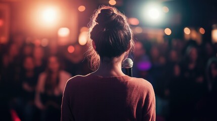 A female motivational speaker or stand up comedian delivers a speech before an audience using a microphone in a dimly lit venue with focused lighting