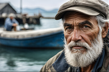 Portrait of an old man with a white beard in a cap on the background of fishing boats