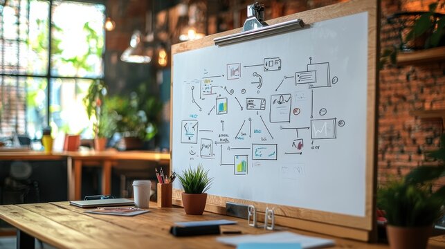 Collaborative brainstorming session modern office whiteboard diagram creative workspace close-up perspective innovative ideas generation