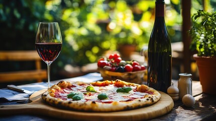 Delectable pizza paired with exquisite wine in an outdoor garden setting Focus on the appetizing Italian cuisine and revitalizing drink perfect for a delightful al fresco dining experience