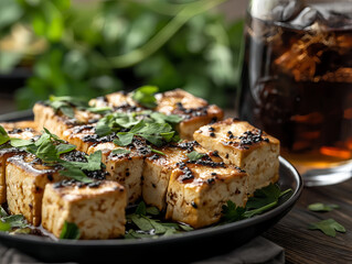 gourmet tofu platter with fresh herbs drizzled with a light dressing