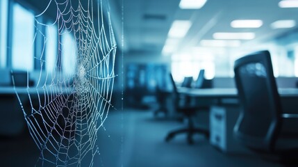 Empty office space adorned with spider webs reflects workforce shortages and the absence of skilled personnel Concept Workforce shortage Skilled personnel Office vacancy Spider webs Symbolism